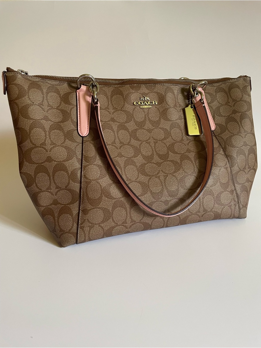 Coach Ava Leather Tote signature brown canvas with blush pink leather handles